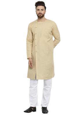 Beige Plain Linen Kurta Pajama 1