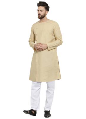 Beige Plain Linen Kurta Pajama 3