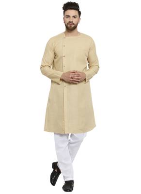 Beige Plain Linen Kurta Pajama 5