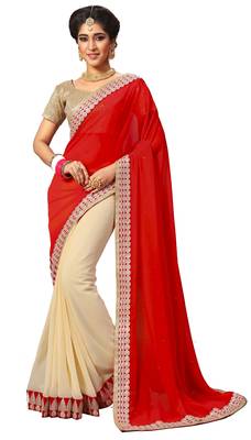 red embroidered georgette saree with blouse 1