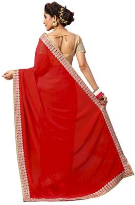 red embroidered georgette saree with blouse 2