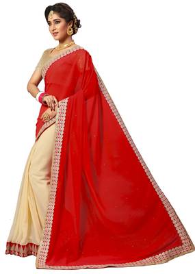red embroidered georgette saree with blouse 3