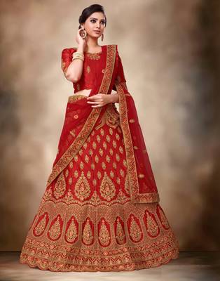 Red embroidered
 silk semi stitched lehenga 1