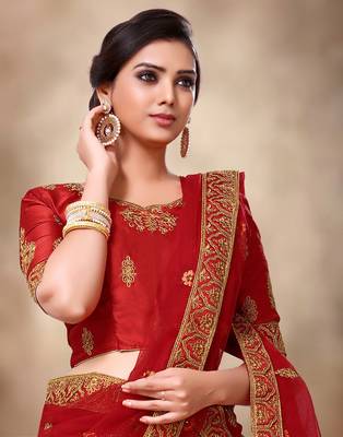 Red embroidered
 silk semi stitched lehenga 2