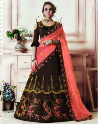 Brown embroidered silk semi stitched lehenga 1