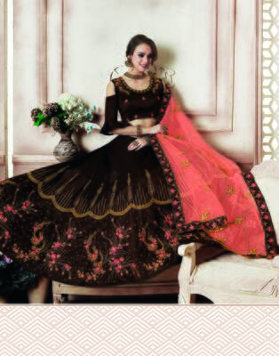 Brown embroidered silk semi stitched lehenga 2