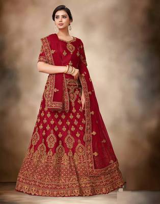Red embroidered
 silk semi stitched lehenga 1