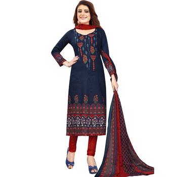 Dark-navy-blue floral print synthetic unstitched salwar with dupatta 1