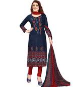 Dark-navy-blue floral print synthetic unstitched salwar with dupatta