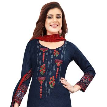 Dark-navy-blue floral print synthetic unstitched salwar with dupatta 2