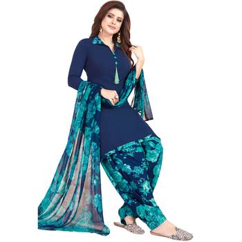 Dark-navy-blue floral print synthetic unstitched salwar with dupatta 1