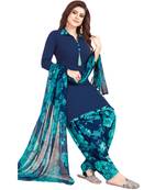 Dark-navy-blue floral print synthetic unstitched salwar with dupatta
