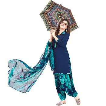 Dark-navy-blue floral print synthetic unstitched salwar with dupatta 3