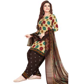 Beige floral print synthetic unstitched salwar with dupatta 1
