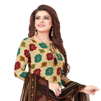 Beige floral print synthetic unstitched salwar with dupatta 2