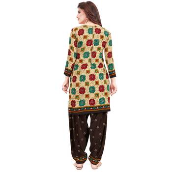 Beige floral print synthetic unstitched salwar with dupatta 3