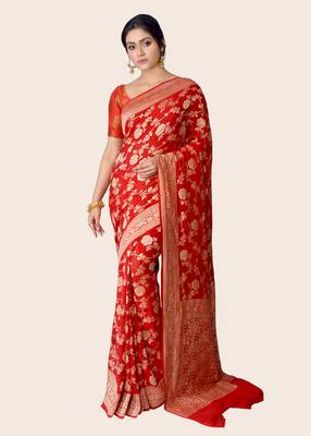 Red woven banarasi saree with blouse 1