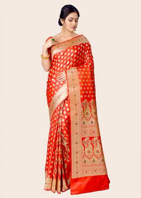 Red woven banarasi saree with blouse 5