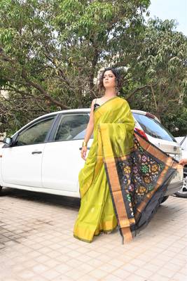 Olive hand woven silk saree with blouse 1