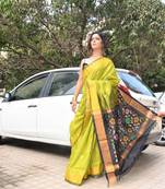 Olive hand woven silk saree with blouse