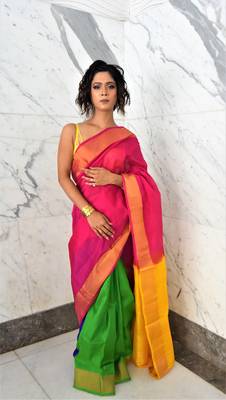 Pink hand woven silk saree with blouse 1