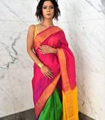 Pink hand woven silk saree with blouse