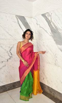 Pink hand woven silk saree with blouse 2