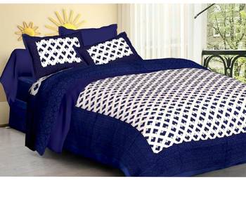 White & Blue Cotton Jaipuri King Size Double Bedsheet with Pillow Cover 2