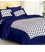 White & Blue Cotton Jaipuri King Size Double Bedsheet with Pillow Cover
