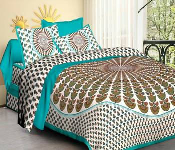 Sea Green & White Cotton Jaipuri King Size Double Bedsheet with Pillow Cover 1