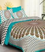 Sea Green & White Cotton Jaipuri King Size Double Bedsheet with Pillow Cover