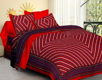 Jaipuri Cotton Red & Blue King Size Double Bedsheet with Pillow Cover 1