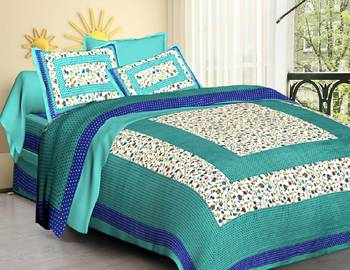 Sea Green Cotton Jaipuri King Size Double Bedsheet with Pillow Cover 2