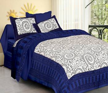 White & Blue Jaipuri Cotton King Size Double Bedsheet with Pillow Cover 1