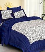 White & Blue Jaipuri Cotton King Size Double Bedsheet with Pillow Cover