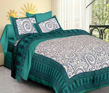 White & Aqua Cotton Jaipuri King Size Double Bedsheet with Pillow Cover 1