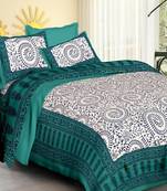 White & Aqua Cotton Jaipuri King Size Double Bedsheet with Pillow Cover