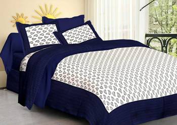 White & Blue Cotton Jaipuri King Size Double Bedsheet with Pillow Cover 1