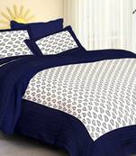 White & Blue Cotton Jaipuri King Size Double Bedsheet with Pillow Cover
