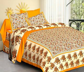 Yellow Cotton Jaipuri King Size Double Bedsheet with Pillow Cover 1