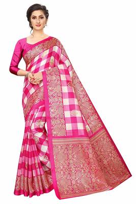 Pink printed art silk sarees saree with blouse 1