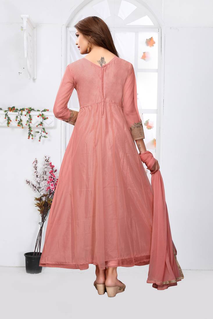 Stylish Peach Net Heavy Designer Wedding Wear Salwar Suit With Peach Santoon