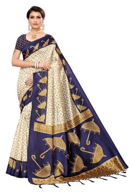 cream printed art silk saree with blouse 1