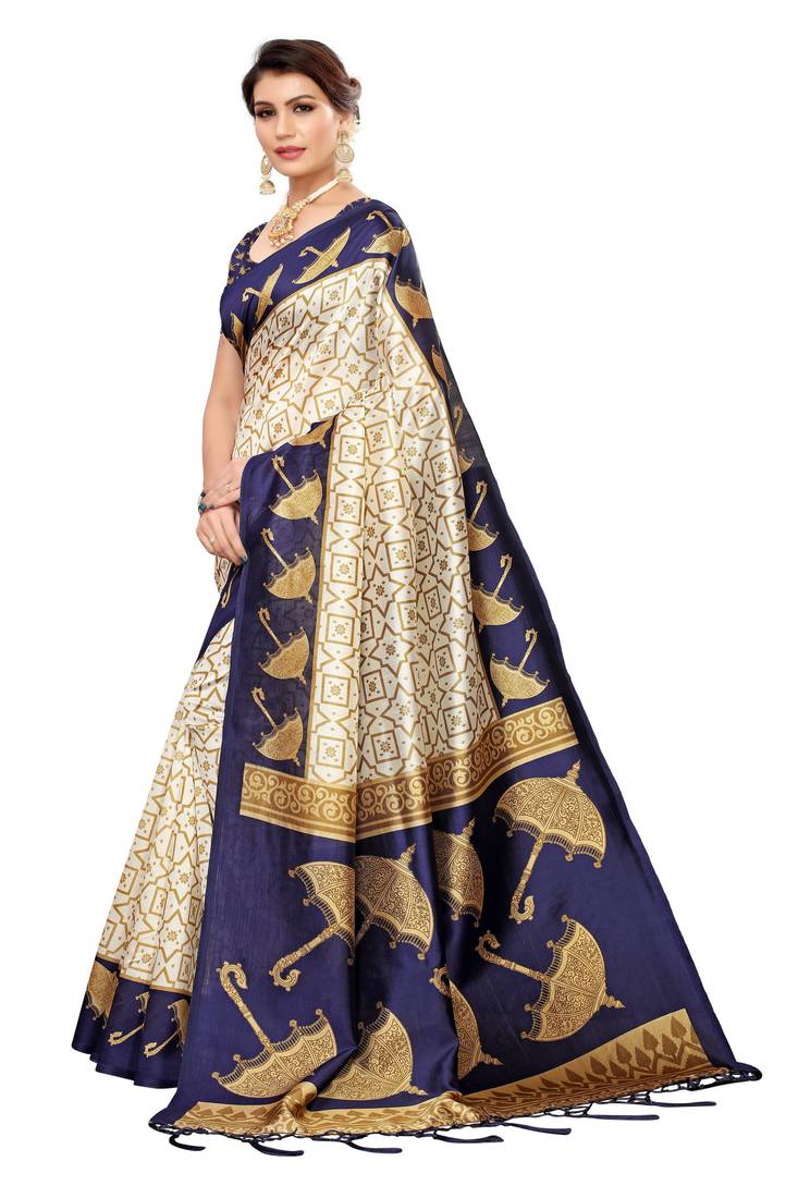 cream printed art silk saree with blouse