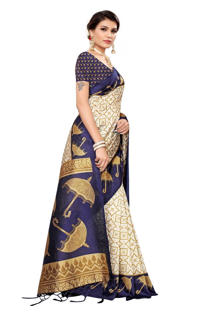cream printed art silk saree with blouse
