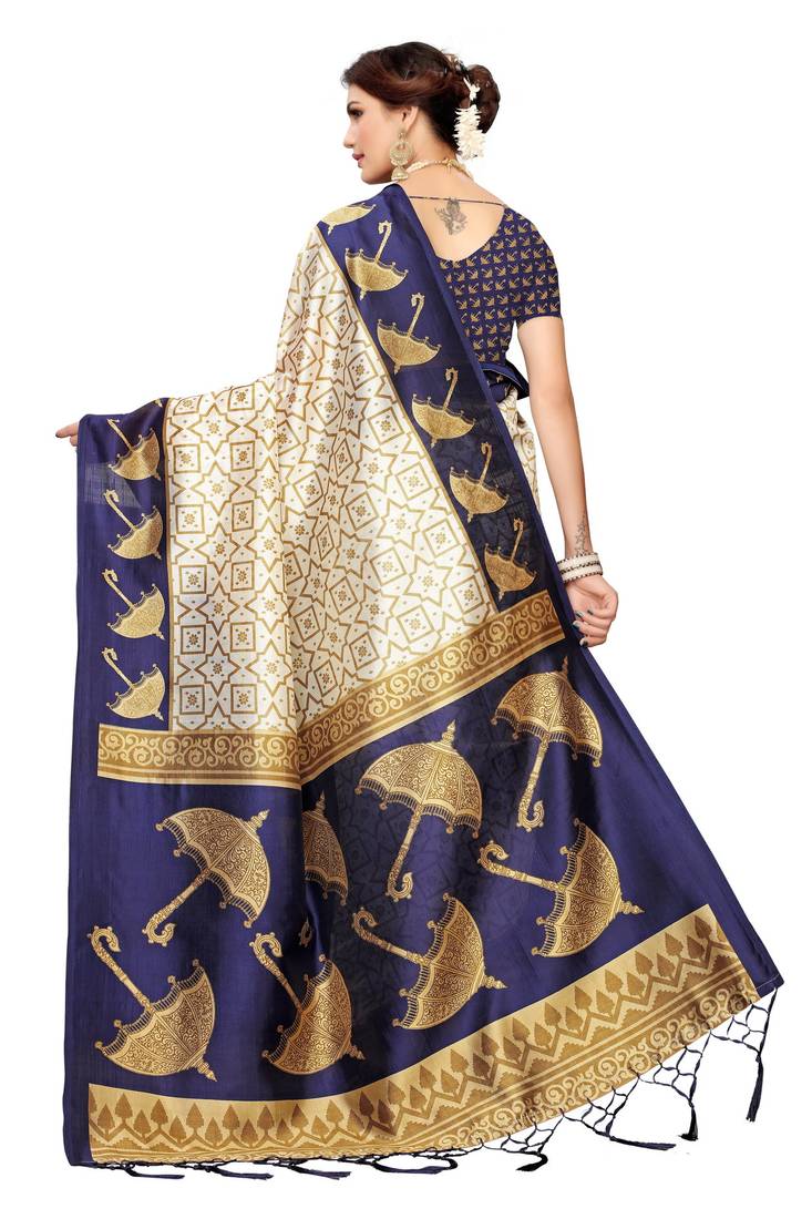 cream printed art silk saree with blouse