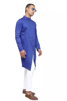 Blue Plain Cotton Men Kurtas