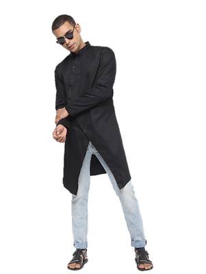 Black Plain Cotton Men Kurtas 1