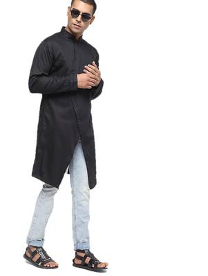 Black Plain Cotton Men Kurtas 2
