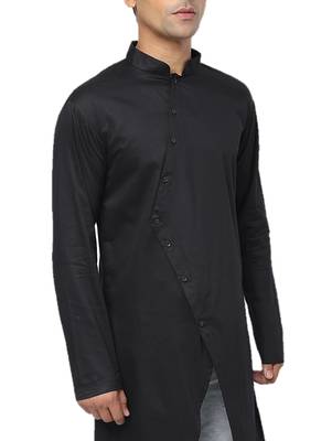 Black Plain Cotton Men Kurtas 4
